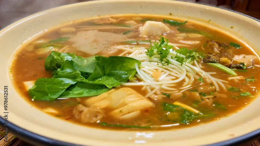 Static video of fragrant bowl of pho, beautifully presented on bamboo placemat. Warm light. Static video of fragrant bowl of pho, beautifully presented on bamboo placemat. Warm light.