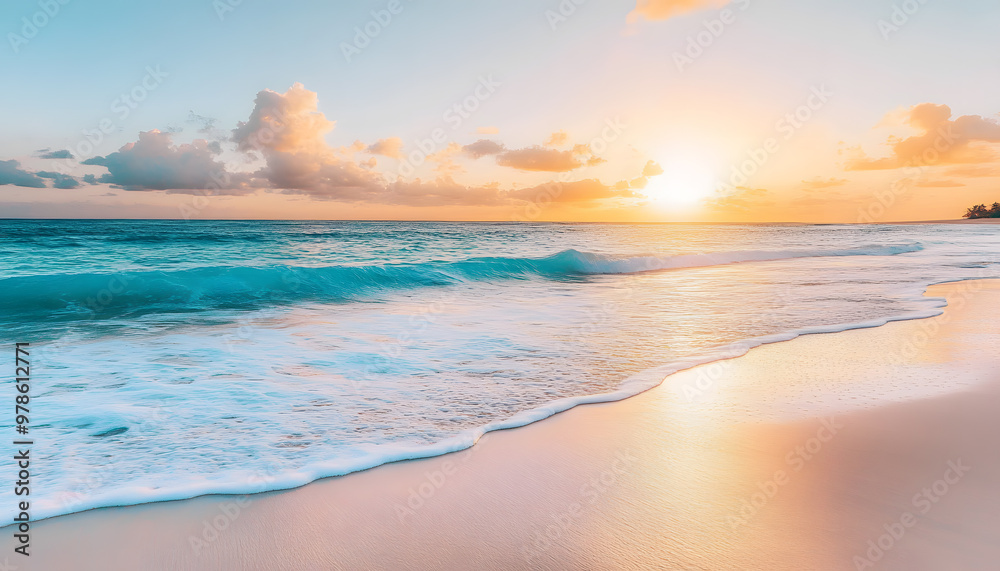 Fototapeta premium Crystal-clear turquoise waters with gentle waves lapping at a pristine beach under a golden sunset