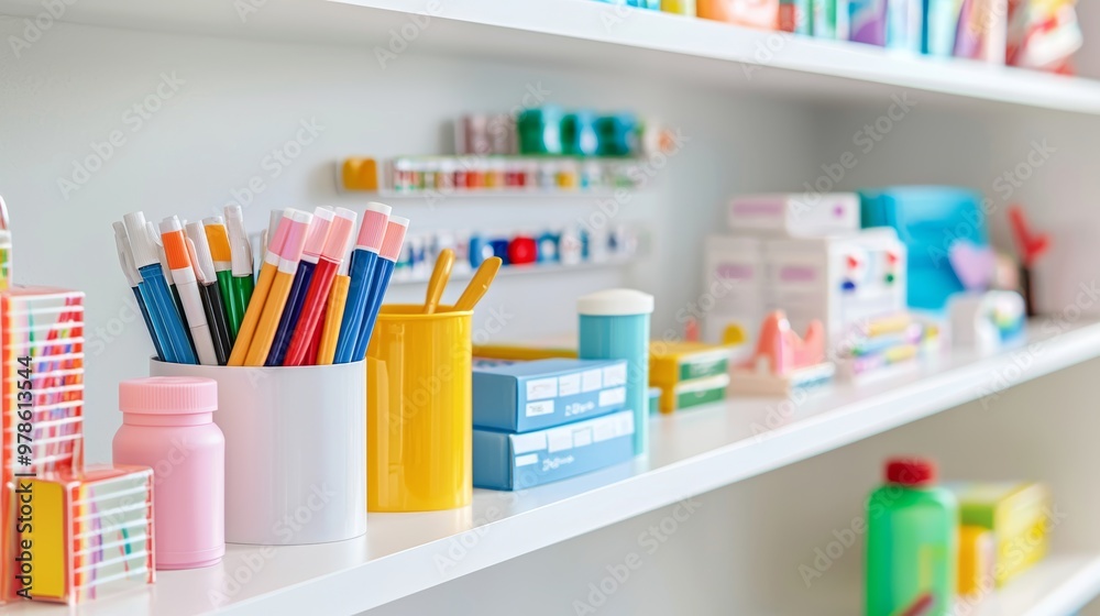 Obraz premium Colorful art supplies arranged on shelves in a creative workspace, symbolizing education, creativity, and artistic expression.