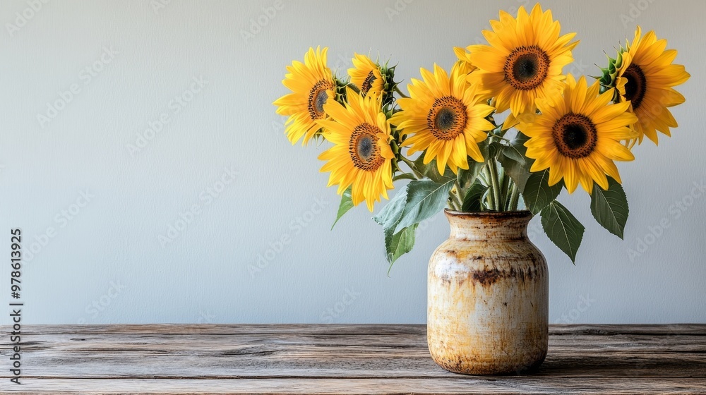 Bright sunflowers in a vase on a wooden table with natural light, cozy home decor on solid white background, single object Bright sunflowers in a vase on a wooden table with natural light, cozy home decor on solid white background, single object