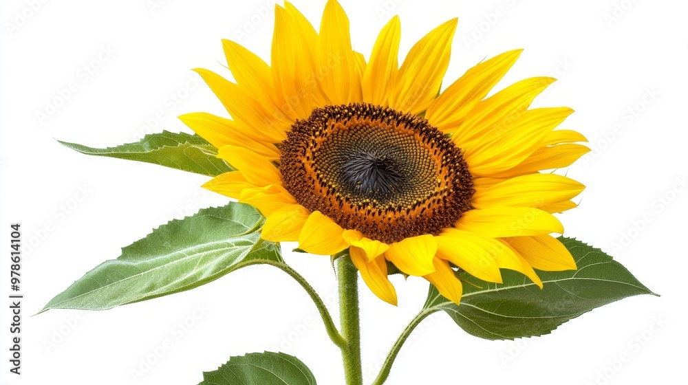 Obraz premium A bright sunflower in full bloom, isolated on solid white background, showing vibrant yellow petals and dark center, ideal for nature-themed designs.