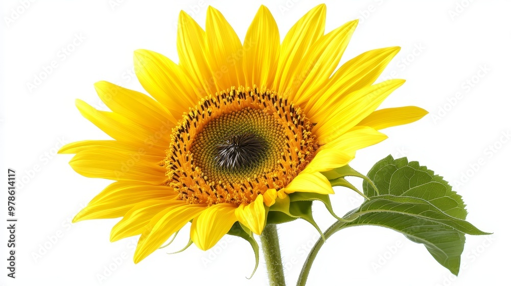 Fototapeta premium A bright sunflower in full bloom, isolated on solid white background, showing vibrant yellow petals and dark center, ideal for nature-themed designs.