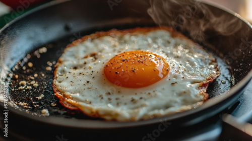 Fried egg with golden yolk sizzling in pan, creating delicious aroma