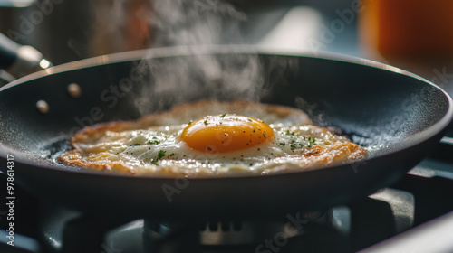 Fried egg sizzling in pan with steam rising, showcasing delicious breakfast
