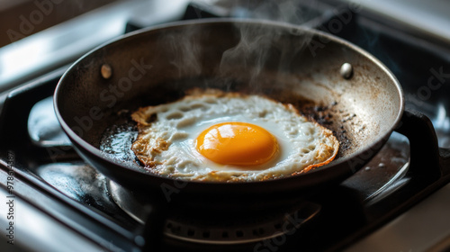 Fried egg sizzling in pan, creating delicious aroma and inviting warmth