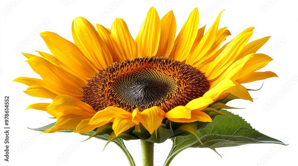 A fully bloomed sunflower with bright yellow petals and a dark brown center, isolated on white background, ideal for cheerful and clean design themes. A fully bloomed sunflower with bright yellow petals and a dark brown center, isolated on white background, ideal for cheerful and clean design themes.