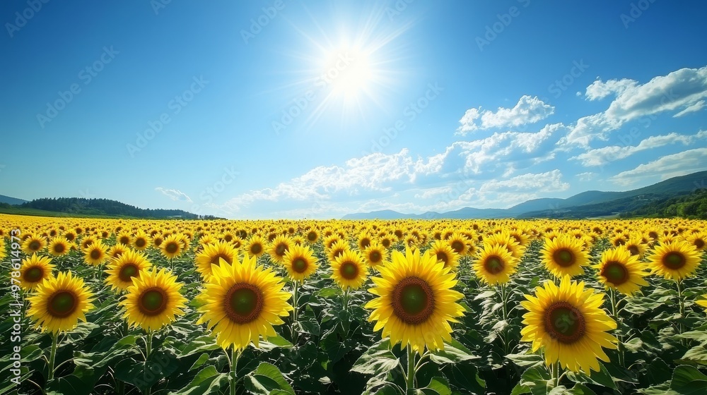Fototapeta premium A wide-angle shot of a sunflower field under a bright blue sky, tall yellow flowers in rows, on solid white background, single object