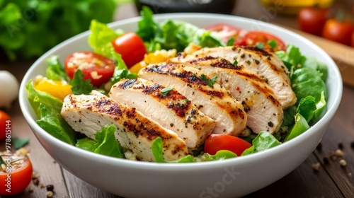 Delicious grilled chicken breast slices, fresh veggies, and seasonings are served in a white bowl on a wooden table as a Caesar-style salad. 