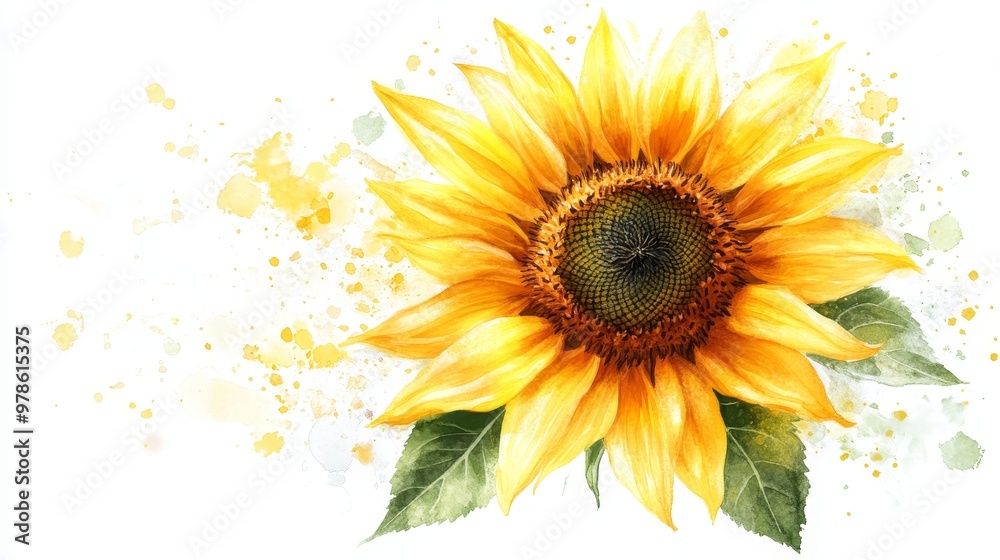 Beautiful sunflower head with intricate details, yellow petals and green leaves, on plain white background, perfect for botanical illustrations. Beautiful sunflower head with intricate details, yellow petals and green leaves, on plain white background, perfect for botanical illustrations.