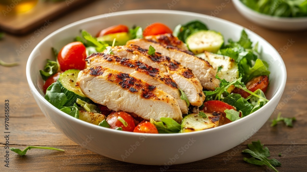 Delicious grilled chicken breast slices, fresh veggies, and seasonings are served in a white bowl on a wooden table as a Caesar-style salad.
