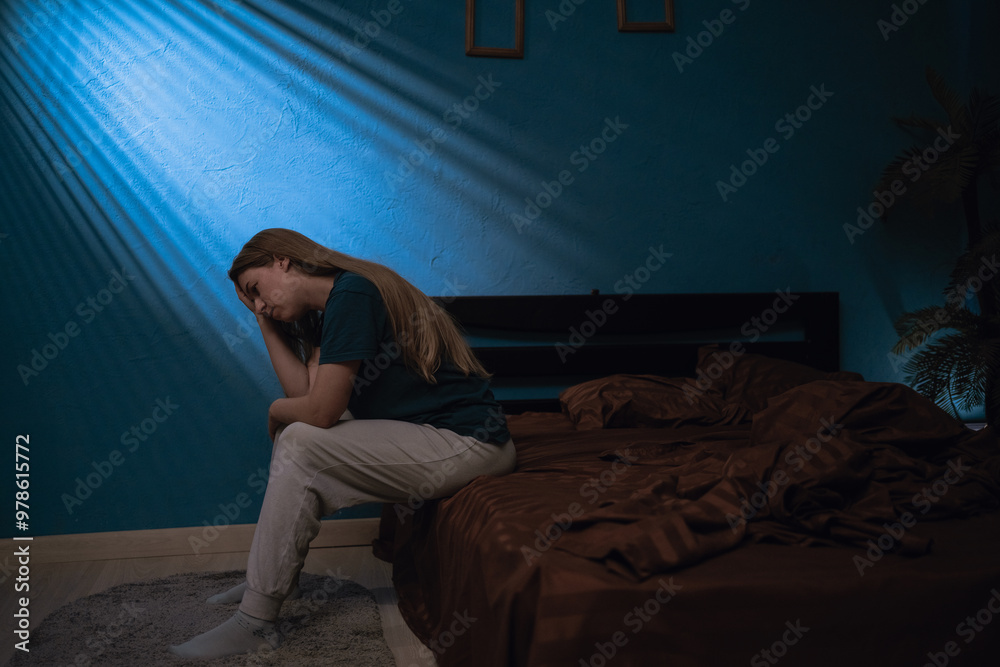 Frustrated insomnia woman sit on bed at night time. sleepless woman, feeling upset, no sleep from nightmare at home Frustrated insomnia woman sit on bed at night time. sleepless woman, feeling upset, no sleep from nightmare at home