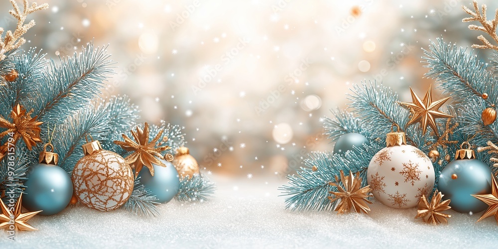 Blue and Gold Christmas Ornaments with Snow-Covered Branches, Festive Winter Background Blue and Gold Christmas Ornaments with Snow-Covered Branches, Festive Winter Background