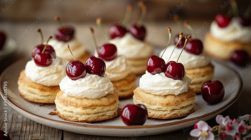 Freshly baked cookies topped with whipped cream and cherries invite indulgence on a rustic table. Freshly baked cookies topped with whipped cream and cherries invite indulgence on a rustic table.