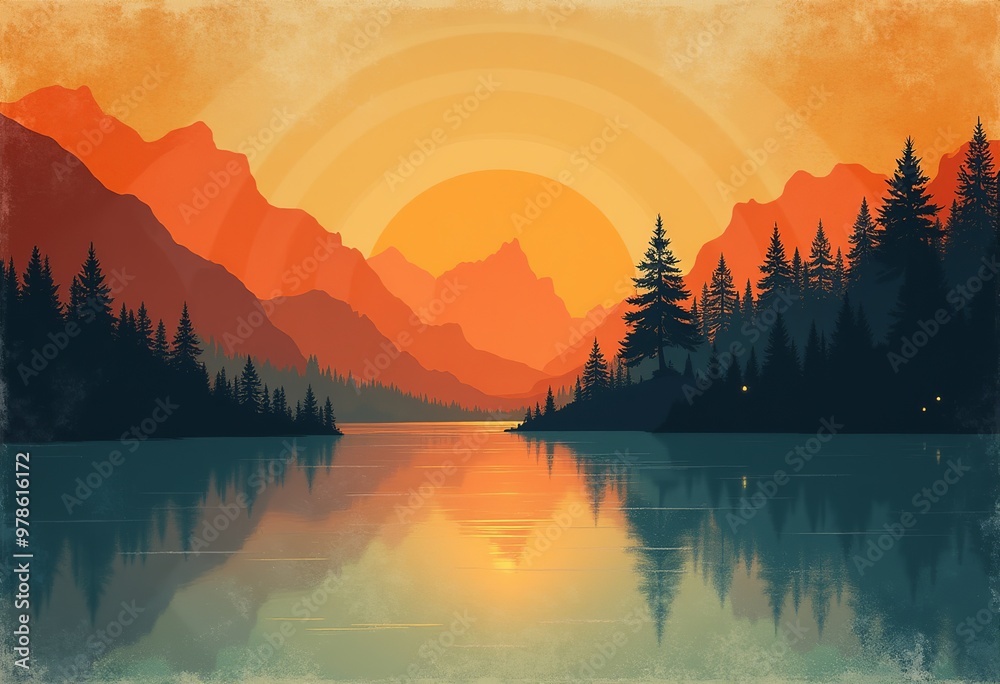 Φωτογραφία Vintage Art Nouveau Lake Bled: Sunset Travel Poster with Abstract Shapes