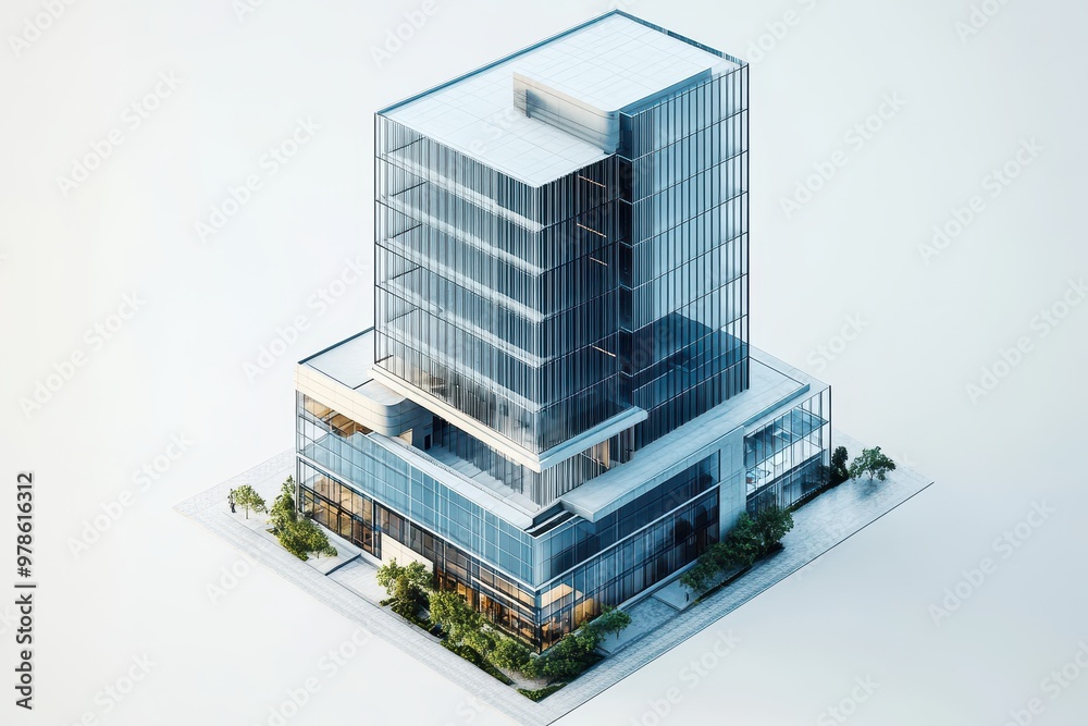 Modern architectural design of a multi-story office building with glass facade and greenery. Modern architectural design of a multi-story office building with glass facade and greenery.