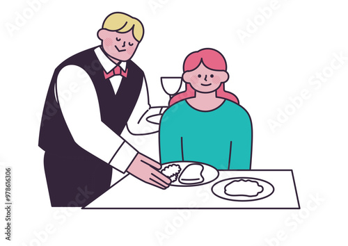 外食している女性のイラスト