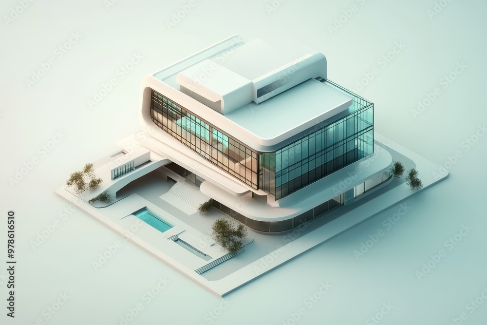 Modern architectural design of a sleek, futuristic building with glass and outdoor features. Modern architectural design of a sleek, futuristic building with glass and outdoor features.