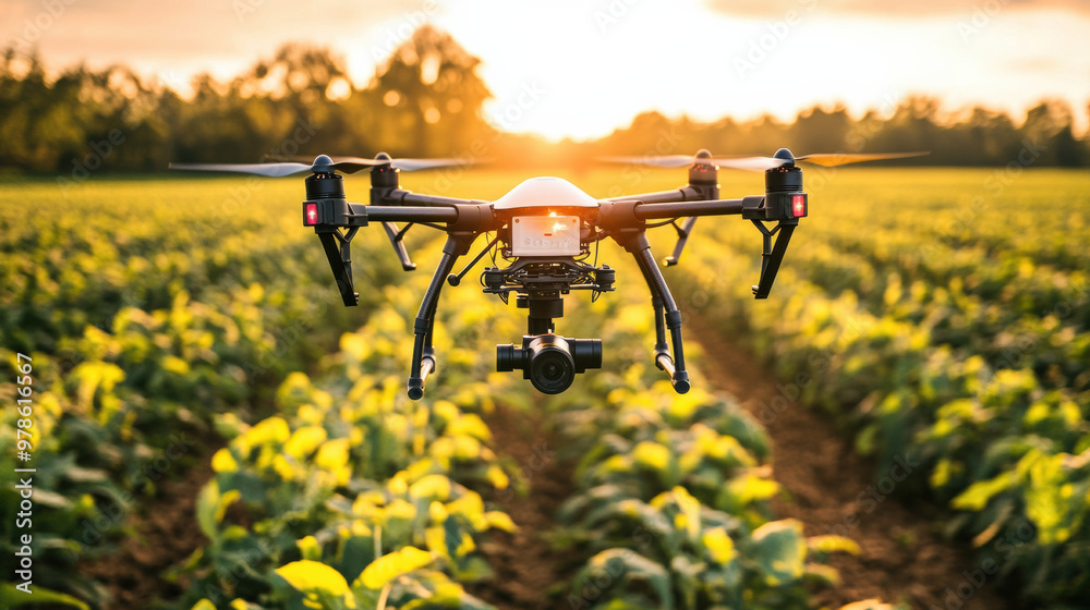 A drone monitoring crop health in vibrant field at sunset A drone monitoring crop health in vibrant field at sunset