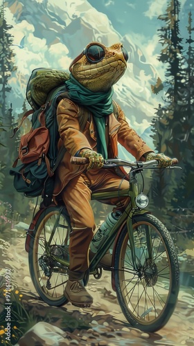 The concept of tourism. Lizard in sunglasses riding a bike with a backpack