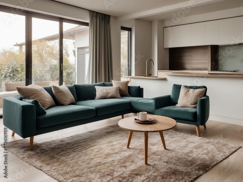 Modern Living Room with Teal Sectional Sofa and Coffee Table