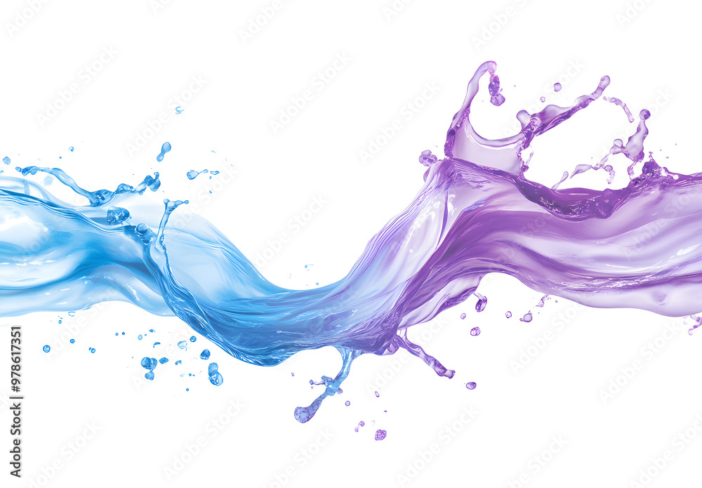 Vibrant Blue and Purple Liquid Splash with Dynamic Droplets on White Background Vibrant Blue and Purple Liquid Splash with Dynamic Droplets on White Background