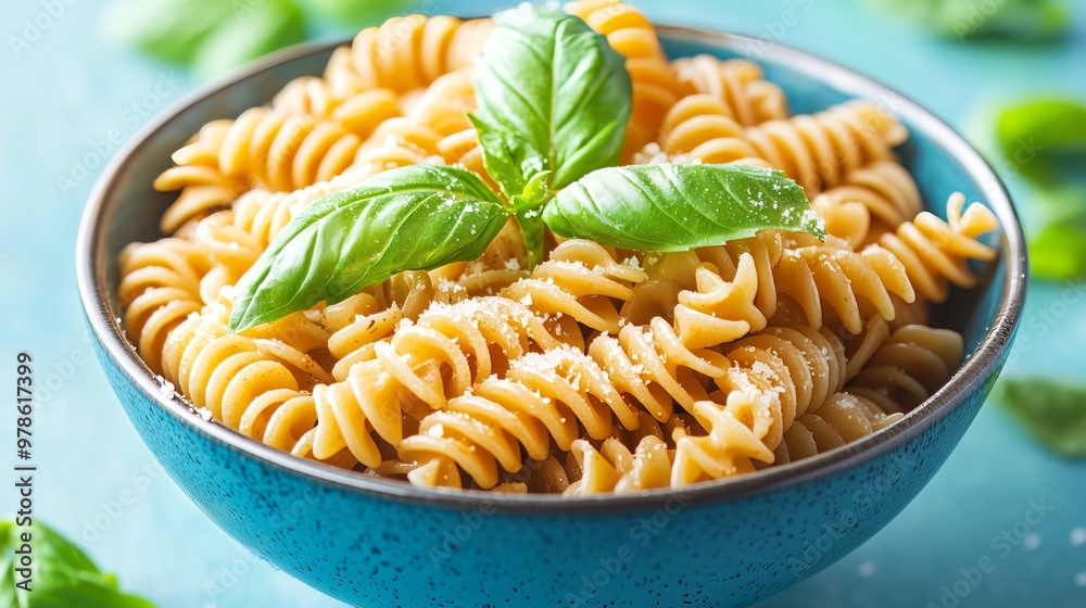A bowl of whole wheat pasta with olive oil, basil, and parmesan pops against a blue background. A bowl of whole wheat pasta with olive oil, basil, and parmesan pops against a blue background.