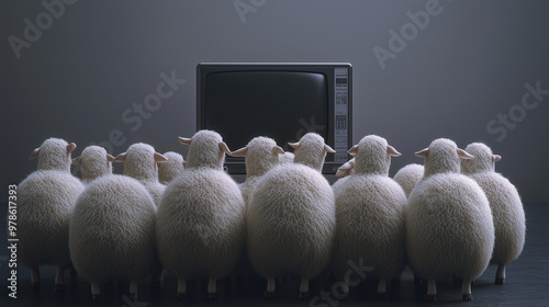 Sheep with TV screens, brain addicted to social media, manipulation and mind control by media, disconnected to reality photo