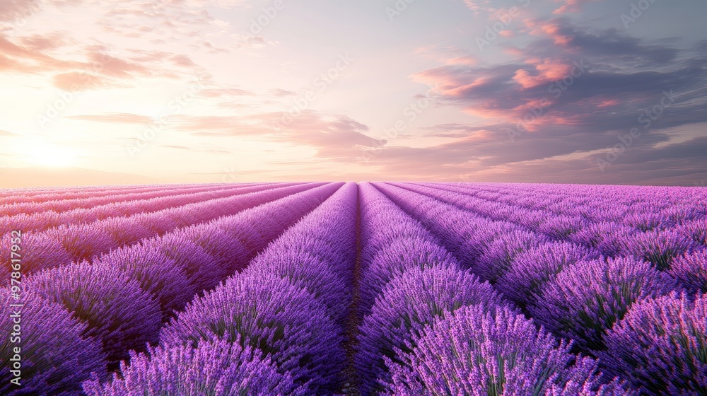 Obraz premium Tranquil lavender field with rows of purple blooms under a clear sky, peaceful and serene atmosphere, on solid white background, single object