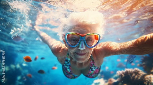 An elderly woman swims gracefully, colorful goggles glinting, in a vibrant underwater paradise.