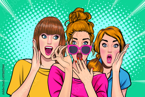Woman whispering gossip secret to her friend surprise In Retro Vintage Pop Art Comic Style