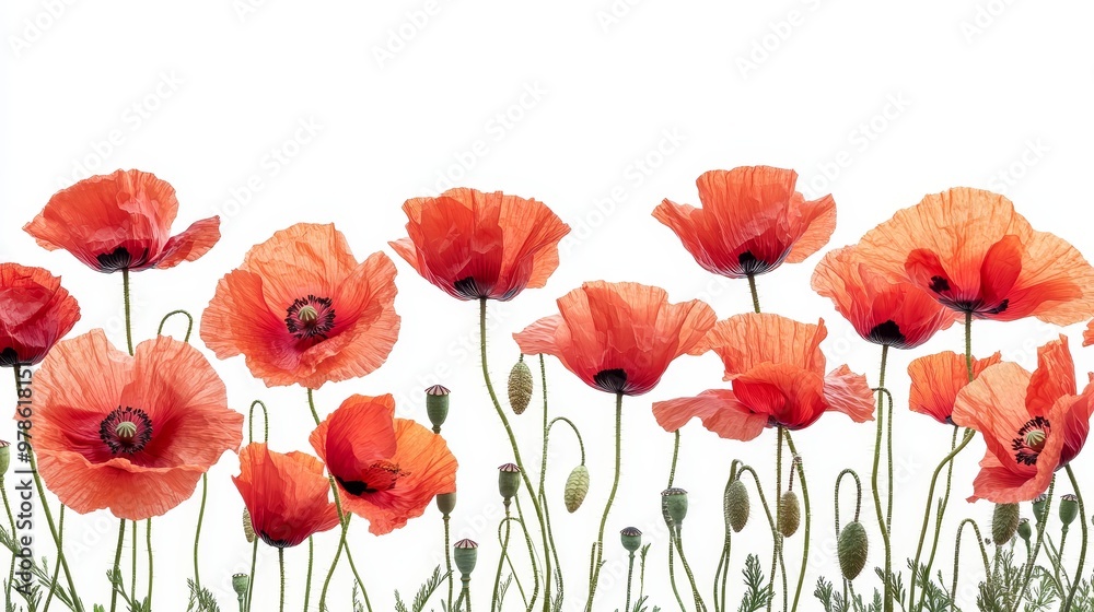 Vibrant red poppies swaying in the breeze, isolated on solid white background Vibrant red poppies swaying in the breeze, isolated on solid white background