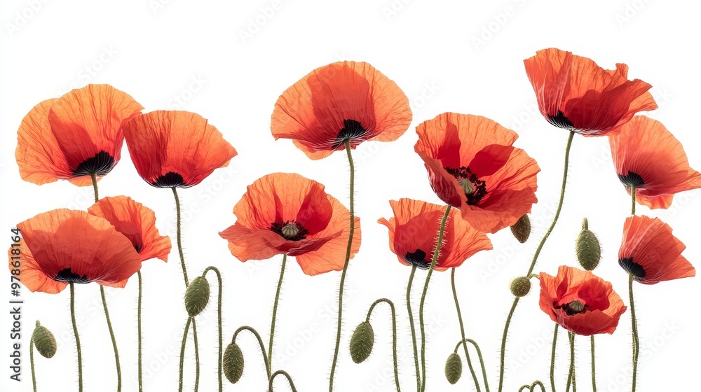 Fototapeta premium Vibrant red poppies swaying in the breeze, isolated on solid white background