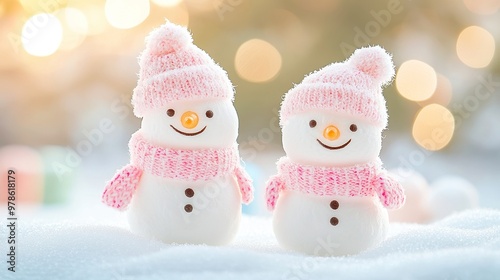 Cheerful Marshmallow Snowmen in a Winter Wonderland, whimsical figures crafted from marshmallows, set against a snowy backdrop, evoking joy and playfulness in the season. photo