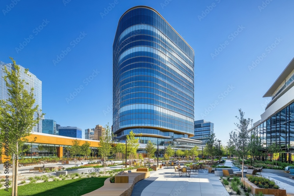 Obraz premium Modern architectural structure surrounded by landscaped greenery and seating areas.
