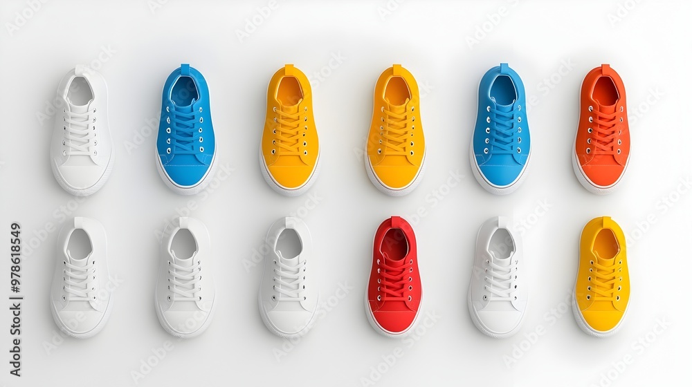 Vibrant Symmetrical Arrangement of Colorful Sneakers on Clean White Surface Vibrant Symmetrical Arrangement of Colorful Sneakers on Clean White Surface