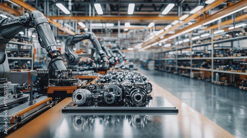 An automotive factory assembly line, with robotic arms assembling engine parts under bright industrial lights photo