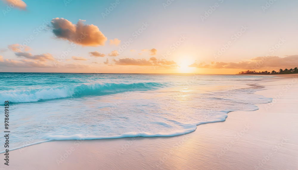 Crystal-clear turquoise waters with gentle waves lapping at a pristine beach under a golden sunset Crystal-clear turquoise waters with gentle waves lapping at a pristine beach under a golden sunset