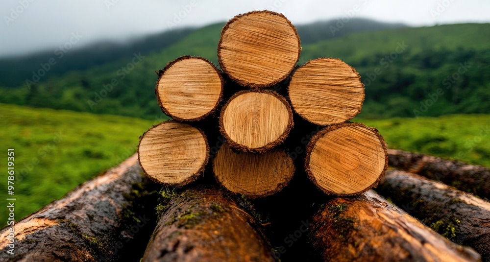 A close-up view of freshly cut logs arranged in a circular pattern, set against a lush green forest background. A close-up view of freshly cut logs arranged in a circular pattern, set against a lush green forest background.
