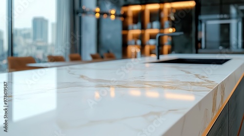 Elegant marble kitchen island with soft-focused contemporary kitchen backdrop, inviting ambiance, spacious design, modern aesthetic, timeless elegance