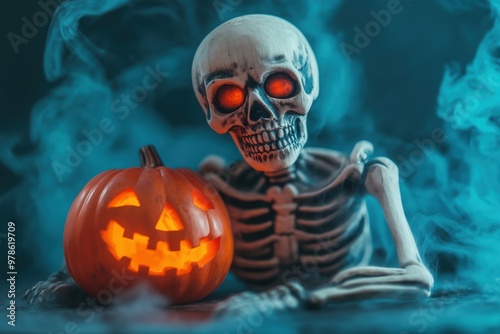 A Skeleton with a Pumpkin Head in the Fog photo