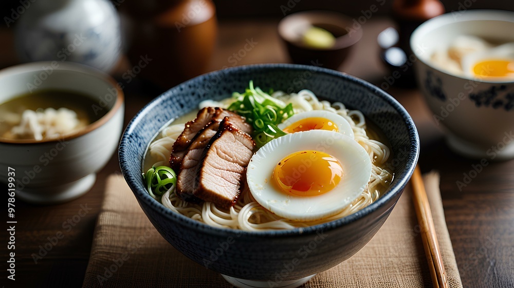 Steaming Bowl of Japanese Tonkotsu Ramen with Pork Belly and Soft-Boiled Egg. Steaming Bowl of Japanese Tonkotsu Ramen with Pork Belly and Soft-Boiled Egg.