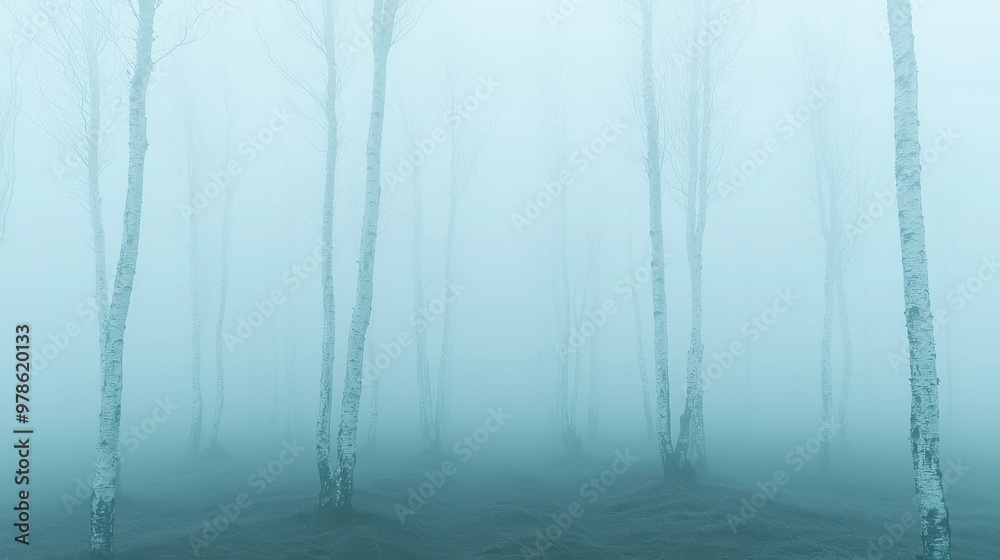 Enchanted Misty Woods, a haunting panorama of fog-laden trees shrouded in mystery, evoking a sense of wonder and eerie tranquility in a cold morning haze Enchanted Misty Woods, a haunting panorama of fog-laden trees shrouded in mystery, evoking a sense of wonder and eerie tranquility in a cold morning haze