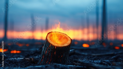 A glowing tree stump smolders in a burnt landscape, capturing the aftermath of a wildfire at dusk. photo