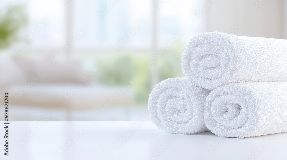 Neatly Arranged White Towels on a Table with Softly Blurred Living Room Background, Inviting Atmosphere, Clean Aesthetic, Abundant Copy Space for Text