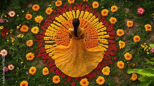 Vibrant Floral Mandala with Woman in Traditional Indian Yellow Dress - Perfect for a Cultural Home Decor Poster or Artistic Interior Space photo