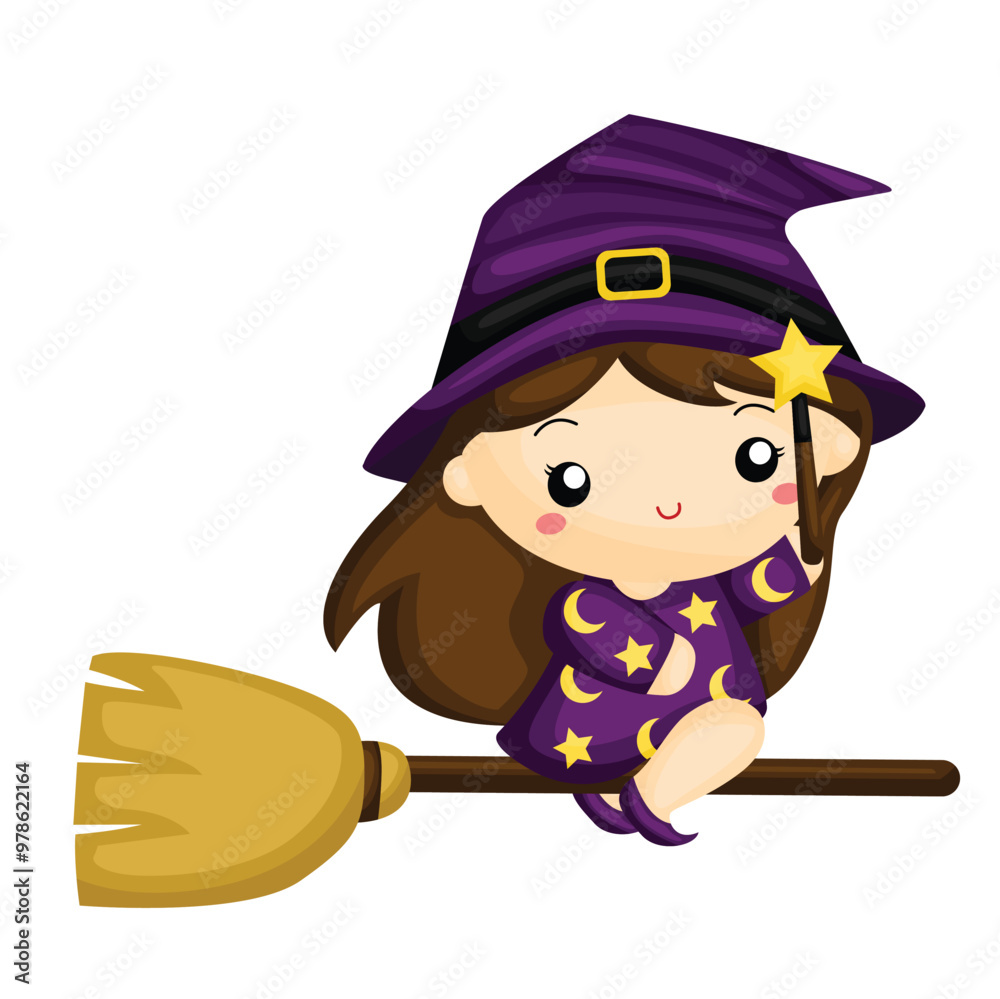 Obraz premium Cute Girl Kids Halloween Witch Costume Symbol Cartoon Illustration Vector Clipart Sticker Deroration