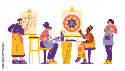 Vector illustration with an art class with girls and a guy who draw a mandala