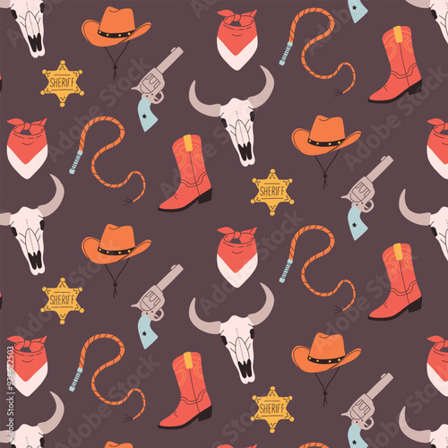 Wild west seamless pattern in hand drawn style. Pattern with a revolver, cowboy hat, boots, whip and bull skull. Vector illustration.