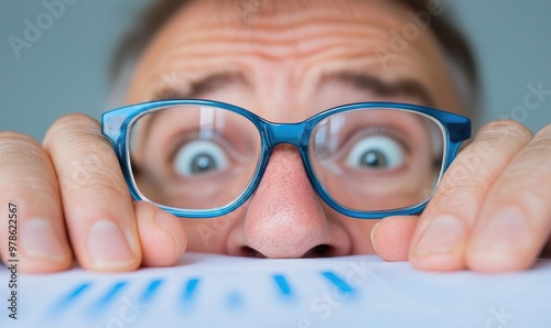 A surprised man with glasses peering over a document, showcasing feelings of shock and confusion in a humorous manner.