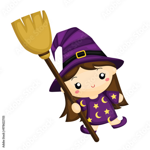 Cute Girl Kids Halloween Witch Costume Symbol Cartoon Illustration Vector Clipart Sticker Deroration photo